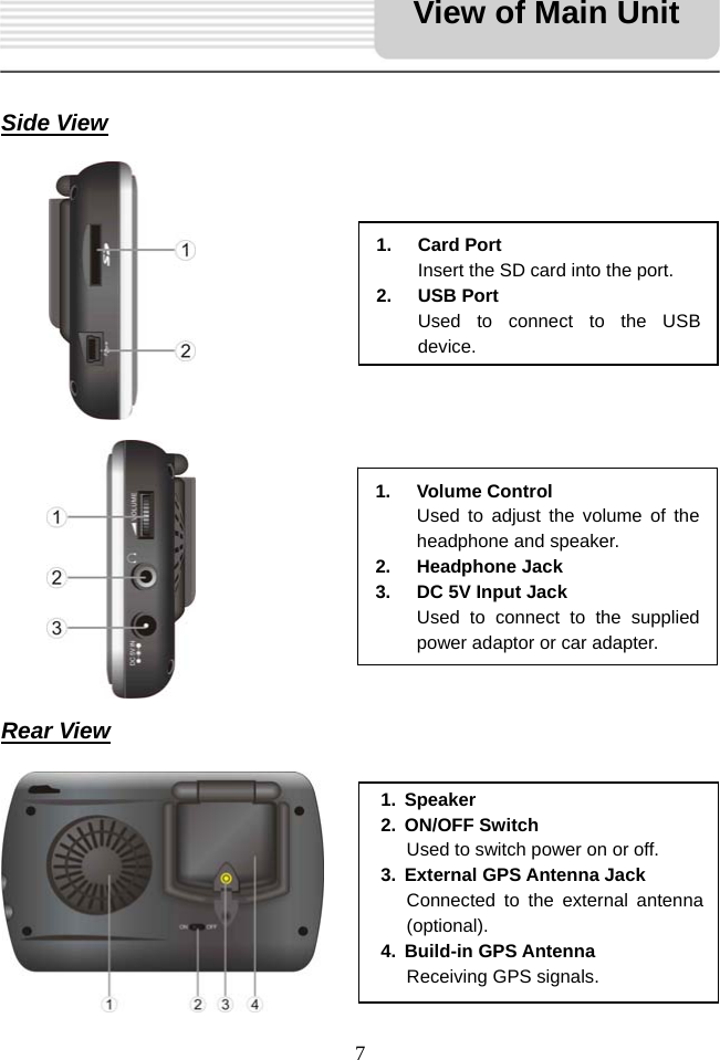   7     Side View                      Rear View          1. Speaker 2. ON/OFF Switch  Used to switch power on or off. 3. External GPS Antenna Jack Connected to the external antenna (optional). 4. Build-in GPS Antenna Receiving GPS signals. 1. Card Port Insert the SD card into the port. 2. USB Port Used to connect to the USB device.1. Volume Control Used to adjust the volume of the headphone and speaker.   2. Headphone Jack 3.  DC 5V Input Jack Used to connect to the supplied power adaptor or car adapter. View of Main Unit 