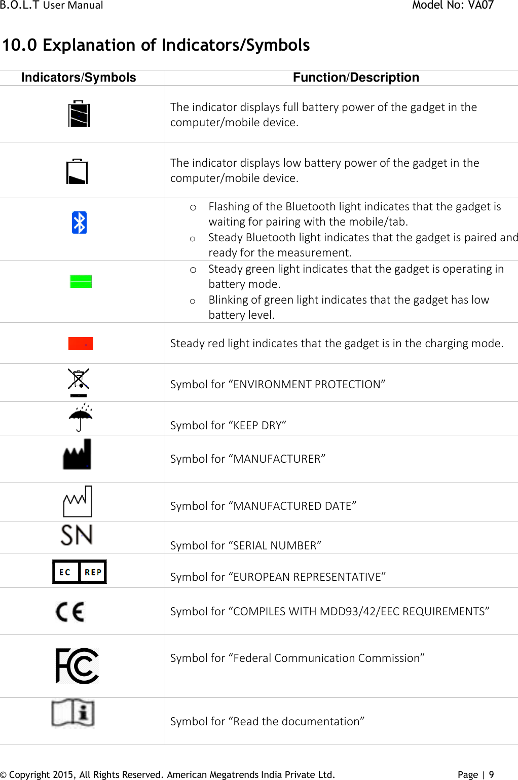 B.O.L.T User Manual    Model No: VA07 © Copyright 2015, All Rights Reserved. American Megatrends India Private Ltd. Page | 9   10.0  Explanation of Indicators/Symbols Indicators/Symbols Function/Description    The indicator displays full battery power of the gadget in the computer/mobile device.       The indicator displays low battery power of the gadget in the computer/mobile device.     o Flashing of the Bluetooth light indicates that the gadget is waiting for pairing with the mobile/tab. o Steady Bluetooth light indicates that the gadget is paired and ready for the measurement.                      o Steady green light indicates that the gadget is operating in battery mode. o Blinking of green light indicates that the gadget has low battery level.                       Steady red light indicates that the gadget is in the charging mode.           Symbol for “ENVIRONMENT PROTECTION”            Symbol for “KEEP DRY”         Symbol for “MANUFACTURER”          Symbol for “MANUFACTURED DATE”         Symbol for “SERIAL NUMBER”       Symbol for “EUROPEAN REPRESENTATIVE”          Symbol for “COMPILES WITH MDD93/42/EEC REQUIREMENTS”                       Symbol for “Federal Communication Commission”        Symbol for “Read the documentation”  