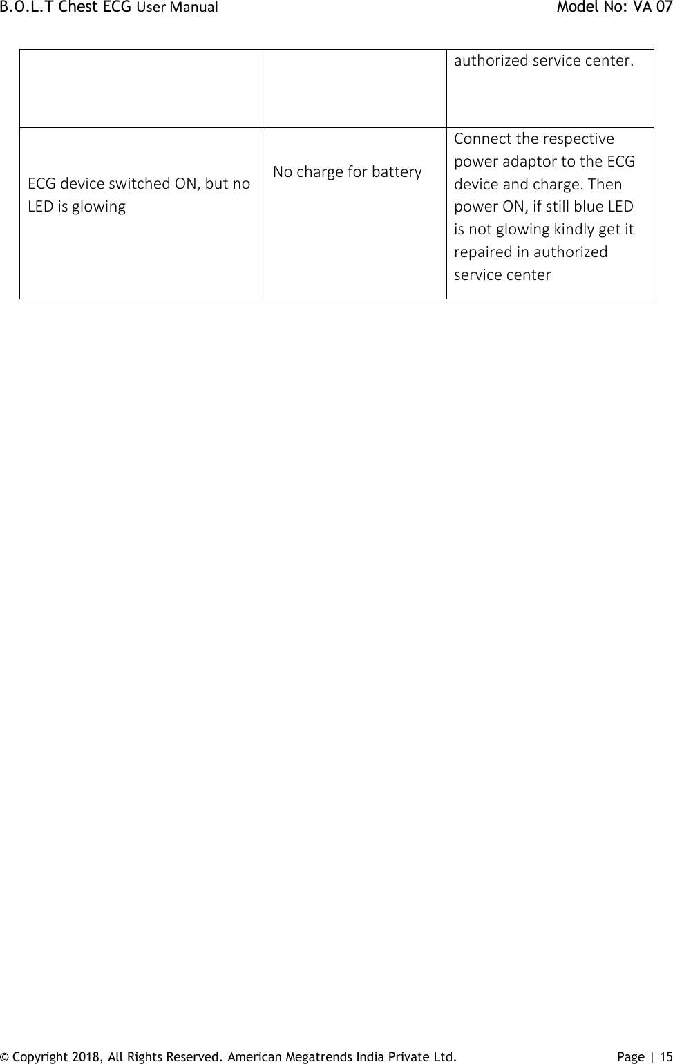 B.O.L.T Chest ECG User Manual    Model No: VA 07 © Copyright 2018, All Rights Reserved. American Megatrends India Private Ltd. Page | 15    authorized service center. ECG device switched ON, but no LED is glowing   No charge for battery    Connect the respective power adaptor to the ECG device and charge. Then power ON, if still blue LED is not glowing kindly get it repaired in authorized service center  