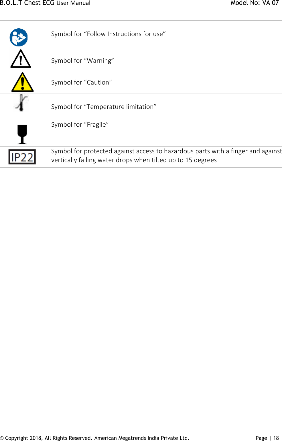 B.O.L.T Chest ECG User Manual    Model No: VA 07 © Copyright 2018, All Rights Reserved. American Megatrends India Private Ltd. Page | 18            Symbol for “Follow Instructions for use”          Symbol for “Warning”   Symbol for “Caution”           Symbol for “Temperature limitation”           Symbol for “Fragile”    Symbol for protected against access to hazardous parts with a finger and against vertically falling water drops when tilted up to 15 degrees    