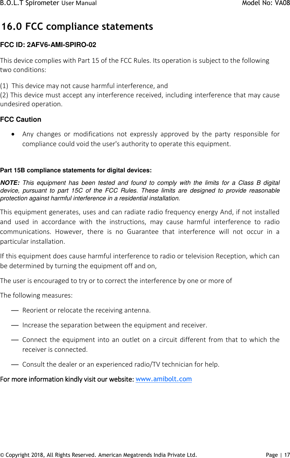 Page 17 of AMERICAN MEGATRENDS INDIA PRIVATE AMI-SPIRO-02 B.O.L.T Spirometer User Manual AMI BOLT