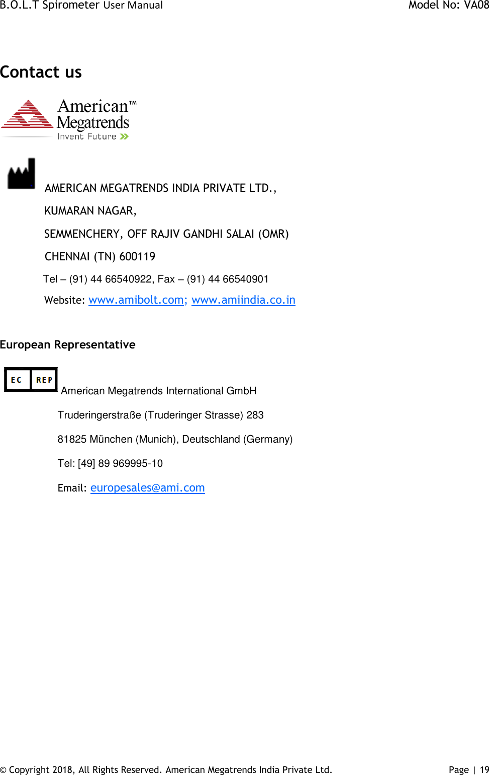 Page 19 of AMERICAN MEGATRENDS INDIA PRIVATE AMI-SPIRO-02 B.O.L.T Spirometer User Manual AMI BOLT