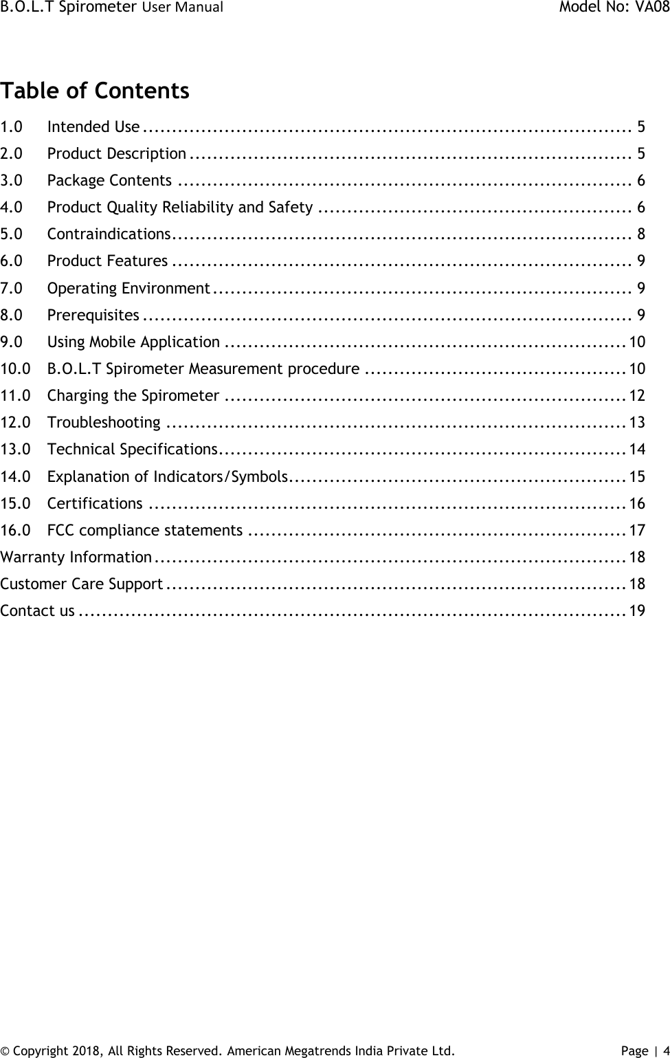 Page 4 of AMERICAN MEGATRENDS INDIA PRIVATE AMI-SPIRO-02 B.O.L.T Spirometer User Manual AMI BOLT