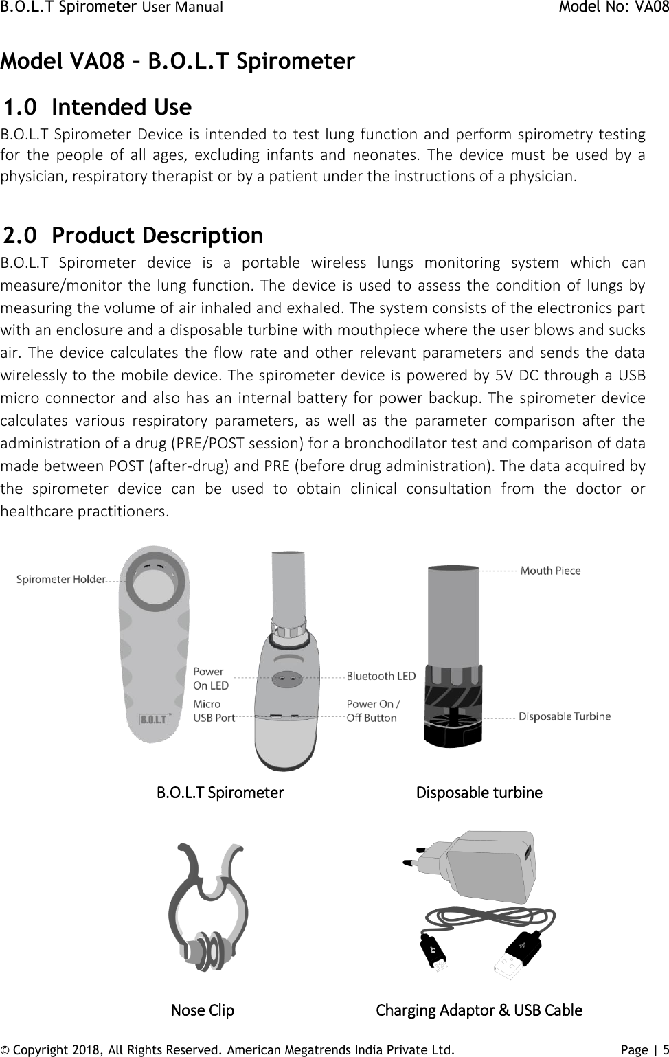 Page 5 of AMERICAN MEGATRENDS INDIA PRIVATE AMI-SPIRO-02 B.O.L.T Spirometer User Manual AMI BOLT