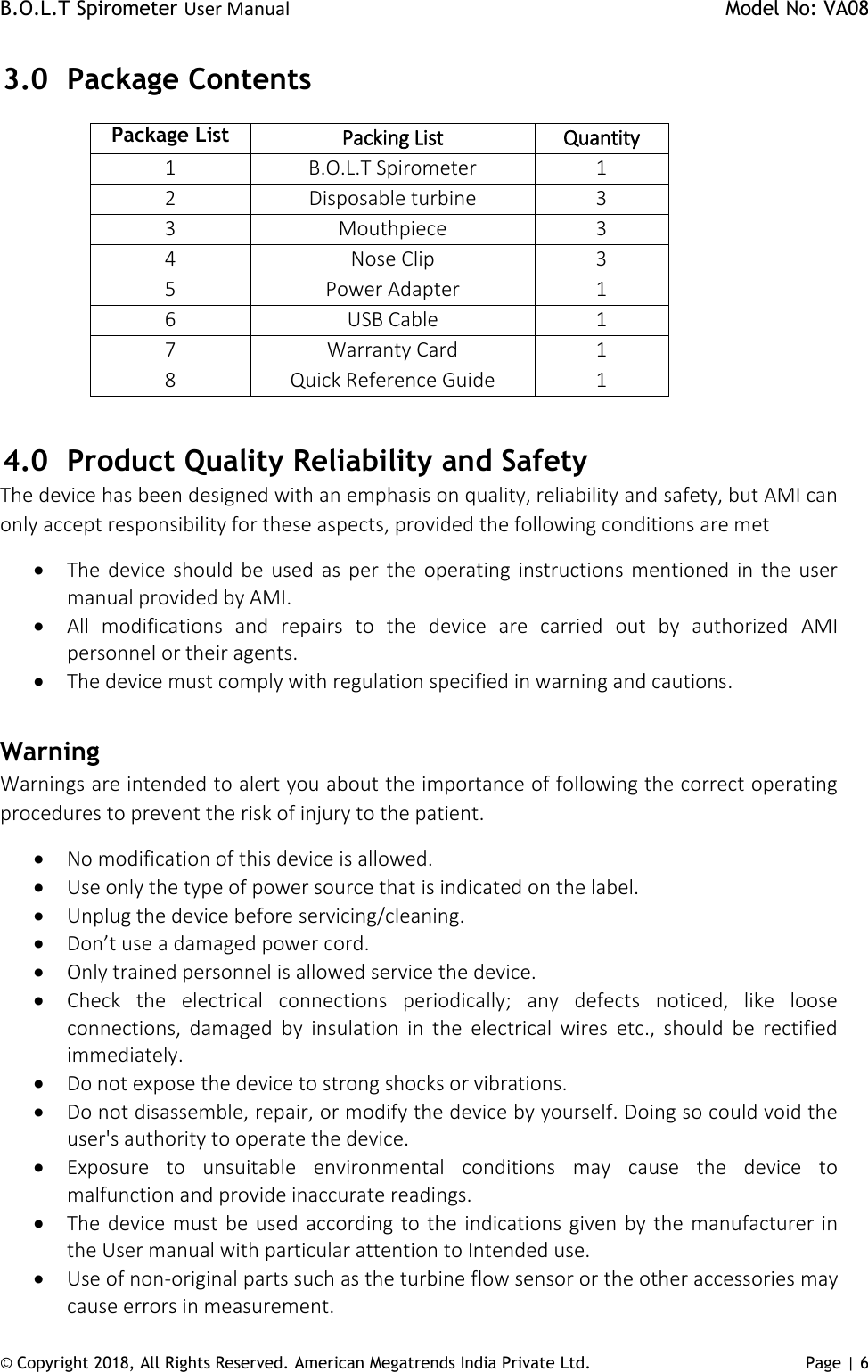 Page 6 of AMERICAN MEGATRENDS INDIA PRIVATE AMI-SPIRO-02 B.O.L.T Spirometer User Manual AMI BOLT