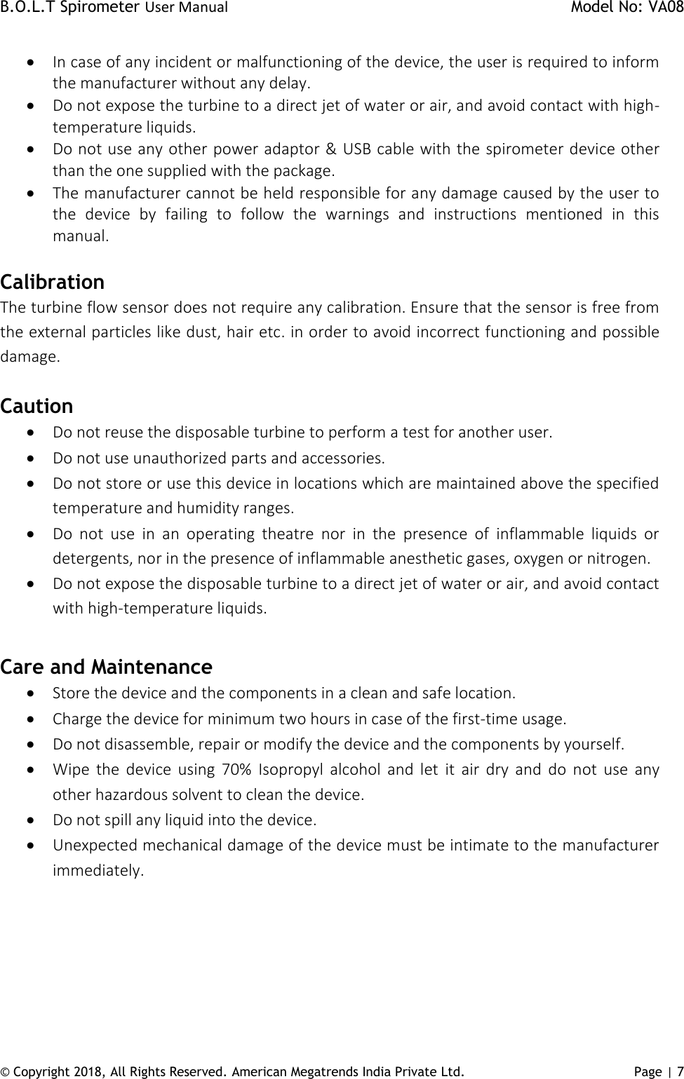 Page 7 of AMERICAN MEGATRENDS INDIA PRIVATE AMI-SPIRO-02 B.O.L.T Spirometer User Manual AMI BOLT