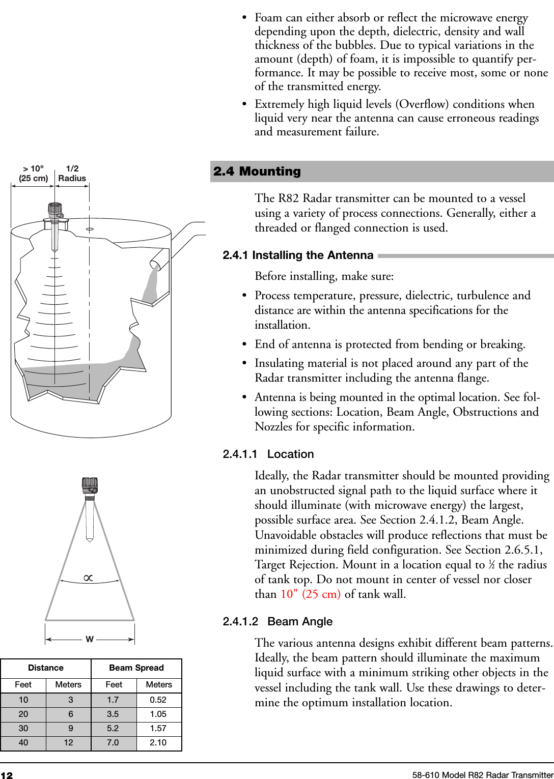 12 58-610 Model R82 Radar Transmitter• Foam can either absorb or reflect the microwave energydepending upon the depth, dielectric, density and wallthickness of the bubbles. Due to typical variations in theamount (depth) of foam, it is impossible to quantify per-formance. It may be possible to receive most, some or noneof the transmitted energy.• Extremely high liquid levels (Overflow) conditions whenliquid very near the antenna can cause erroneous readingsand measurement failure.2.4 MountingThe R82 Radar transmitter can be mounted to a vesselusing a variety of process connections. Generally, either athreaded or flanged connection is used.2.4.1 Installing the AntennaBefore installing, make sure:• Process temperature, pressure, dielectric, turbulence anddistance are within the antenna specifications for theinstallation.• End of antenna is protected from bending or breaking.• Insulating material is not placed around any part of theRadar transmitter including the antenna flange.• Antenna is being mounted in the optimal location. See fol-lowing sections: Location, Beam Angle, Obstructions andNozzles for specific information.2.4.1.1 LocationIdeally, the Radar transmitter should be mounted providingan unobstructed signal path to the liquid surface where itshould illuminate (with microwave energy) the largest,possible surface area. See Section 2.4.1.2, Beam Angle.Unavoidable obstacles will produce reflections that must beminimized during field configuration. See Section 2.6.5.1,Target Rejection. Mount in a location equal to 1⁄2the radiusof tank top. Do not mount in center of vessel nor closerthan 10&quot; (25 cm) of tank wall.2.4.1.2 Beam AngleThe various antenna designs exhibit different beam patterns.Ideally, the beam pattern should illuminate the maximumliquid surface with a minimum striking other objects in thevessel including the tank wall. Use these drawings to deter-mine the optimum installation location.1/2Radius&gt; 10&quot;(25 cm)WDistance Beam SpreadFeet Meters Feet Meters10 3 1.7 0.5220 6 3.5 1.0530 9 5.2 1.5740 12 7.0 2.10