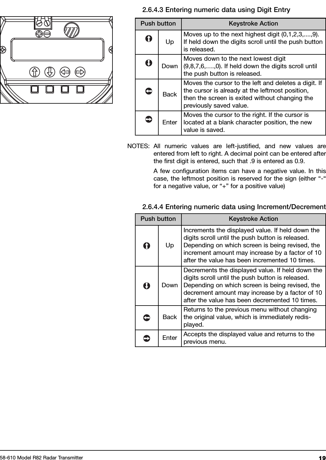 1958-610 Model R82 Radar TransmitterNOTES: All numeric values are left-justified, and new values areentered from left to right. A decimal point can be entered afterthe first digit is entered, such that .9 is entered as 0.9.A few configuration items can have a negative value. In thiscase, the leftmost position is reserved for the sign (either “-“for a negative value, or “+” for a positive value)Push button Keystroke ActionUpMoves up to the next highest digit (0,1,2,3,....,9).If held down the digits scroll until the push buttonis released.DownMoves down to the next lowest digit(9,8,7,6,….,0). If held down the digits scroll untilthe push button is released.BackMoves the cursor to the left and deletes a digit. Ifthe cursor is already at the leftmost position,then the screen is exited without changing thepreviously saved value.EnterMoves the cursor to the right. If the cursor islocated at a blank character position, the newvalue is saved.Push button Keystroke ActionUpIncrements the displayed value. If held down thedigits scroll until the push button is released.Depending on which screen is being revised, theincrement amount may increase by a factor of 10after the value has been incremented 10 times.DownDecrements the displayed value. If held down thedigits scroll until the push button is released.Depending on which screen is being revised, thedecrement amount may increase by a factor of 10after the value has been decremented 10 times.BackReturns to the previous menu without changingthe original value, which is immediately redis-played.Enter Accepts the displayed value and returns to theprevious menu.2.6.4.3 Entering numeric data using Digit Entry2.6.4.4 Entering numeric data using Increment/Decrement