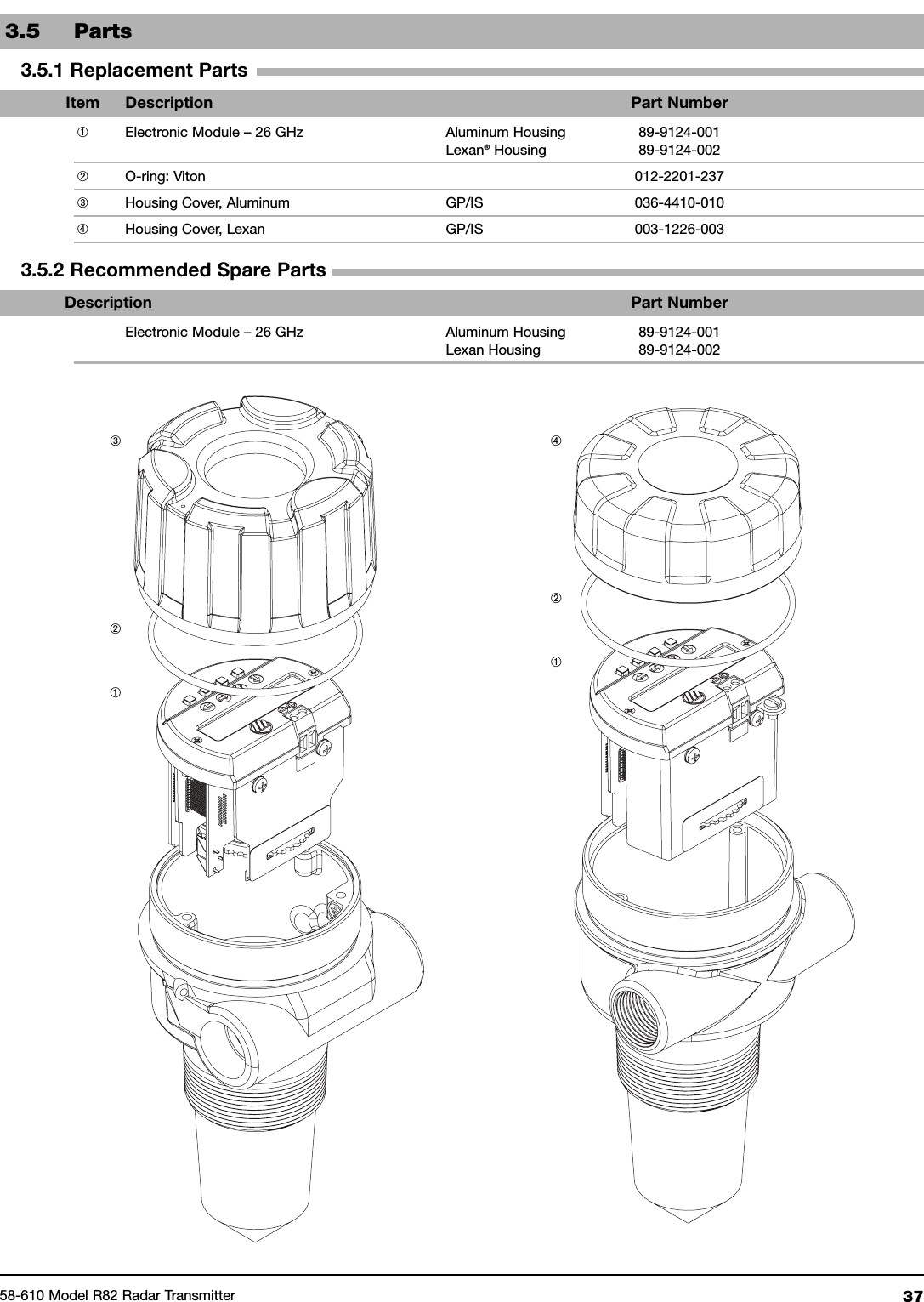 3758-610 Model R82 Radar Transmitter3.5 Parts3.5.1 Replacement PartsItem Description Part Number➀Electronic Module – 26 GHz Aluminum Housing 89-9124-001Lexan®Housing 89-9124-002➁O-ring: Viton 012-2201-237➂Housing Cover, Aluminum GP/IS 036-4410-010➃Housing Cover, Lexan GP/IS 003-1226-0033.5.2 Recommended Spare PartsDescription Part NumberElectronic Module – 26 GHz Aluminum Housing 89-9124-001Lexan Housing 89-9124-002➂➁➀➃➁➀