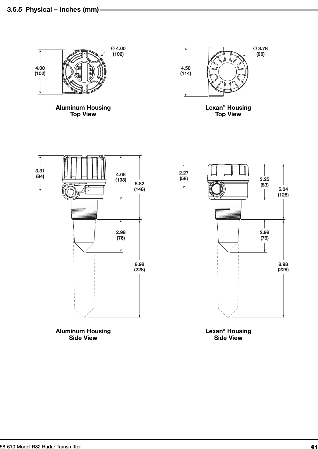 4158-610 Model R82 Radar TransmitterØ4.00(102)4.50(114)4.00(102)3.31(84) 4.06(103)2.98(76)5.82(148)8.98(228)2.27(58) 3.25(83)2.98(76)5.04(128)8.98(228)Ø3.78(96)3.6.5 Physical – Inches (mm)Aluminum HousingTop ViewLexan®HousingTop ViewAluminum HousingSide ViewLexan®HousingSide View