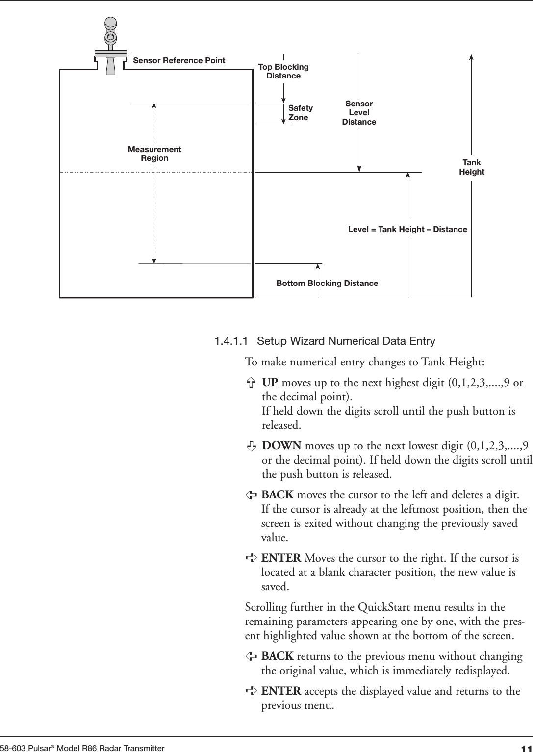 1158-603 Pulsar®Model R86 Radar Transmitter1.4.1.1 Setup Wizard Numerical Data EntryTo make numerical entry changes to Tank Height:UP moves up to the next highest digit (0,1,2,3,....,9 orthe decimal point).If held down the digits scroll until the push button isreleased.DOWN moves up to the next lowest digit (0,1,2,3,....,9or the decimal point). If held down the digits scroll untilthe push button is released.BACK moves the cursor to the left and deletes a digit.If the cursor is already at the leftmost position, then thescreen is exited without changing the previously savedvalue.ENTER Moves the cursor to the right. If the cursor islocated at a blank character position, the new value issaved.Scrolling further in the QuickStart menu results in theremaining parameters appearing one by one, with the pres-ent highlighted value shown at the bottom of the screen.BACK returns to the previous menu without changingthe original value, which is immediately redisplayed.ENTER accepts the displayed value and returns to theprevious menu.➪➪➪➪➪➪TankHeightSensor Reference PointSafetyZoneBottom Blocking DistanceMeasurementRegionSensorLevelDistanceLevel = Tank Height – DistanceTop BlockingDistance