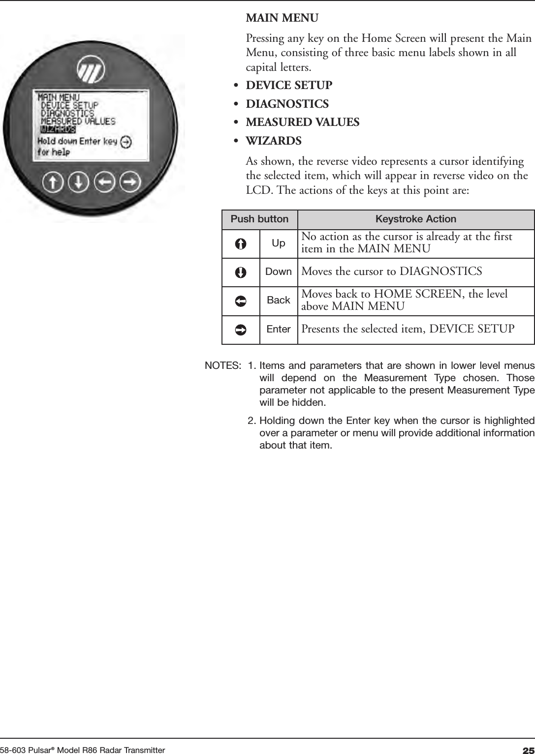 2558-603 Pulsar®Model R86 Radar TransmitterMAIN MENUPressing any key on the Home Screen will present the MainMenu, consisting of three basic menu labels shown in allcapital letters. • DEVICE SETUP• DIAGNOSTICS• MEASURED VALUES• WIZARDSAs shown, the reverse video represents a cursor identifyingthe selected item, which will appear in reverse video on theLCD. The actions of the keys at this point are:NOTES: 1. Items and parameters that are shown in lower level menuswill  depend  on  the  Measurement  Type  chosen.  Thoseparameter not applicable to the present Measurement Typewill be hidden.2. Holding down the Enter key when the cursor is highlightedover a parameter or menu will provide additional informationabout that item.Push button Keystroke ActionUp No action as the cursor is already at the firstitem in the MAIN MENUDown Moves the cursor to DIAGNOSTICSBack Moves back to HOME SCREEN, the levelabove MAIN MENUEnter Presents the selected item, DEVICE SETUP