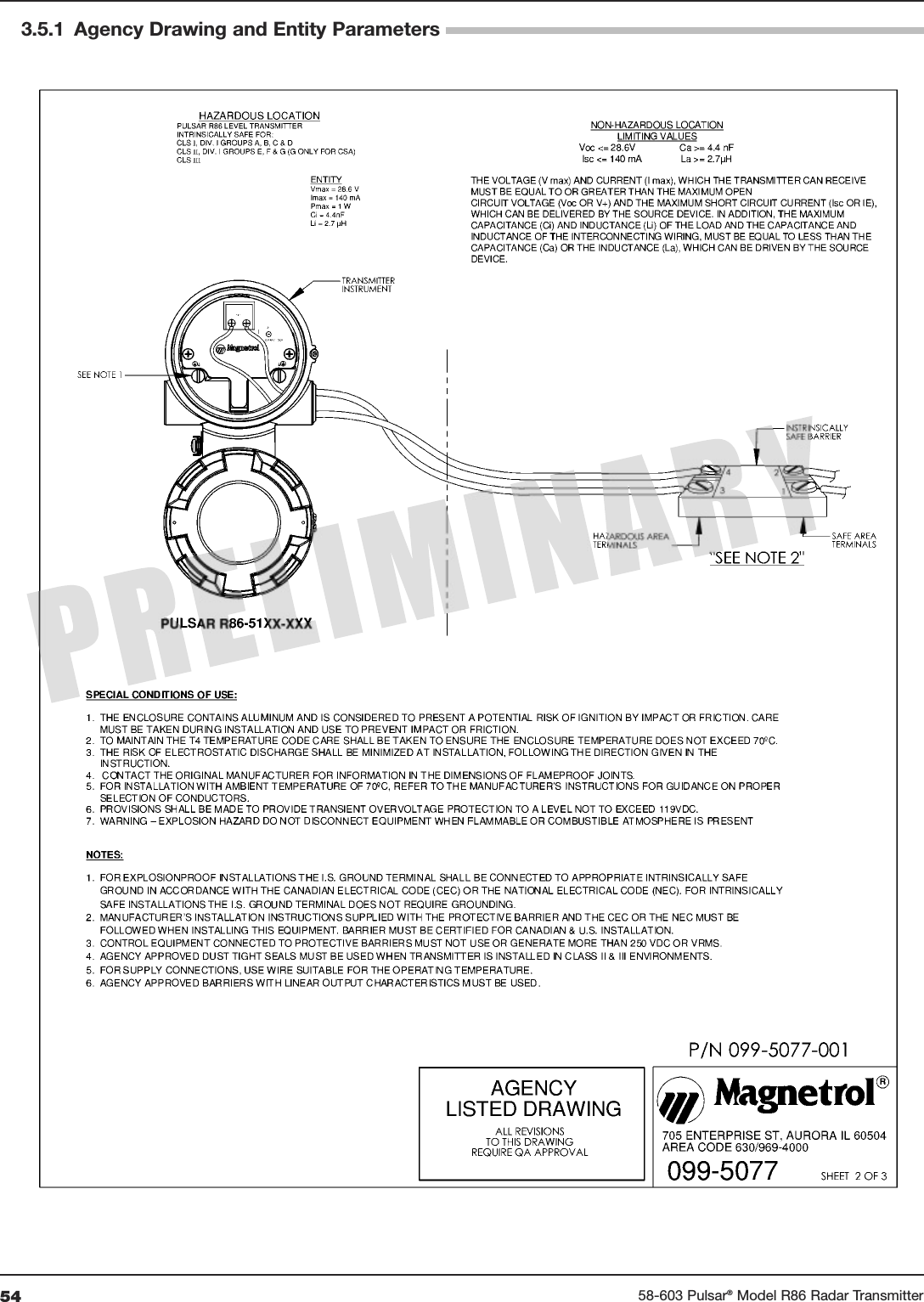 54 58-603 Pulsar®Model R86 Radar Transmitter3.5.1 Agency Drawing and Entity Parameters