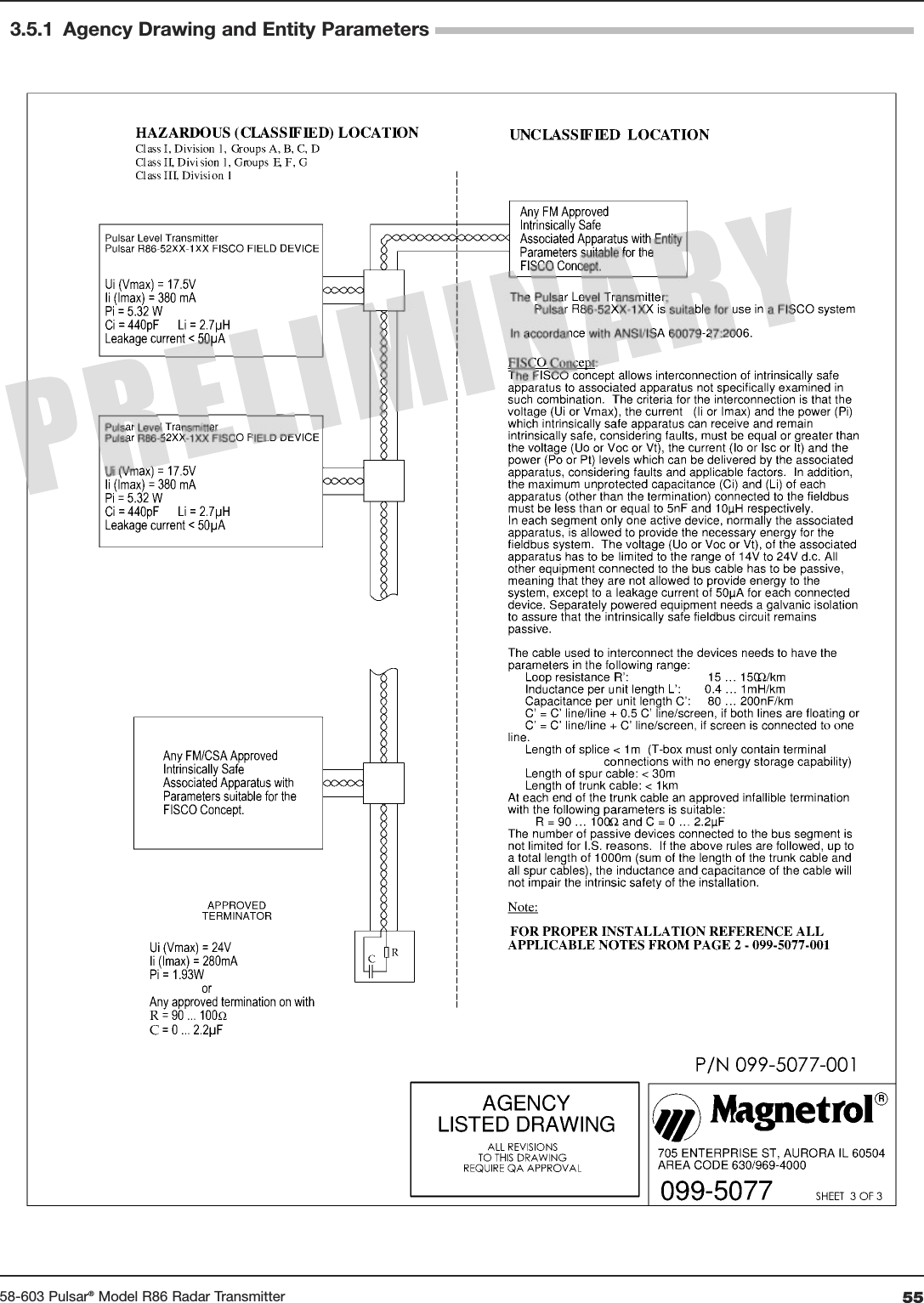 5558-603 Pulsar®Model R86 Radar Transmitter3.5.1 Agency Drawing and Entity Parameters