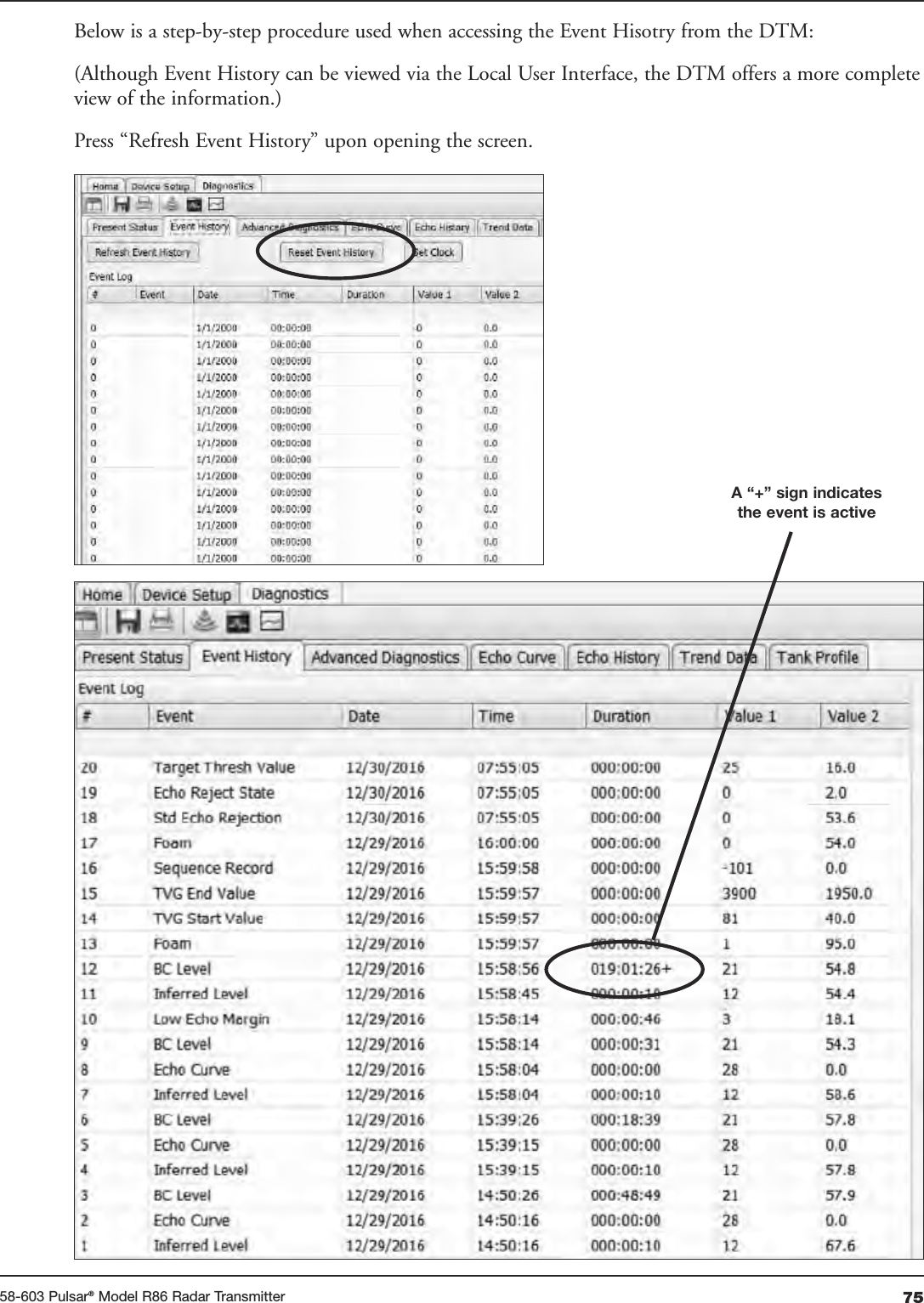 7558-603 Pulsar®Model R86 Radar TransmitterBelow is a step-by-step procedure used when accessing the Event Hisotry from the DTM:(Although Event History can be viewed via the Local User Interface, the DTM offers a more completeview of the information.)Press “Refresh Event History” upon opening the screen.A “+” sign indicatesthe event is active