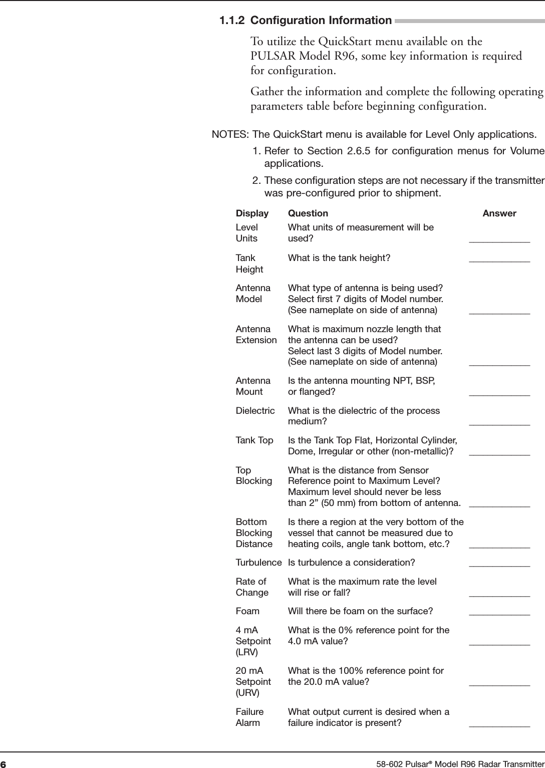 658-602 Pulsar®Model R96 Radar Transmitter To utilize the QuickStart menu available on thePULSAR Model R96, some key information is requiredfor configuration.Gather the information and complete the following operatingparameters table before beginning configuration.NOTES: The QuickStart menu is available for Level Only applications.1. Refer  to  Section  2.6.5  for  configuration  menus  for  Volumeapplications.2. These configuration steps are not necessary if the transmitterwas pre-configured prior to shipment.  Level What units of measurement will beUnits used? _____________Tank What is the tank height? _____________HeightAntenna What type of antenna is being used?Model Select first 7 digits of Model number.(See nameplate on side of antenna) _____________Antenna What is maximum nozzle length thatExtension the antenna can be used?Select last 3 digits of Model number.(See nameplate on side of antenna) _____________Antenna Is the antenna mounting NPT, BSP,Mount or flanged? _____________Dielectric What is the dielectric of the processmedium? _____________Tank Top Is the Tank Top Flat, Horizontal Cylinder,Dome, Irregular or other (non-metallic)? _____________Top What is the distance from Sensor Blocking Reference point to Maximum Level?Maximum level should never be lessthan 2” (50 mm) from bottom of antenna. _____________Bottom Is there a region at the very bottom of theBlocking vessel that cannot be measured due toDistance  heating coils, angle tank bottom, etc.? _____________Turbulence Is turbulence a consideration? _____________Rate of What is the maximum rate the level Change will rise or fall? _____________Foam Will there be foam on the surface? _____________4 mA  What is the 0% reference point for theSetpoint 4.0 mA value? _____________(LRV)20 mA What is the 100% reference point for Setpoint the 20.0 mA value? _____________(URV)Failure What output current is desired when aAlarm failure indicator is present? _____________