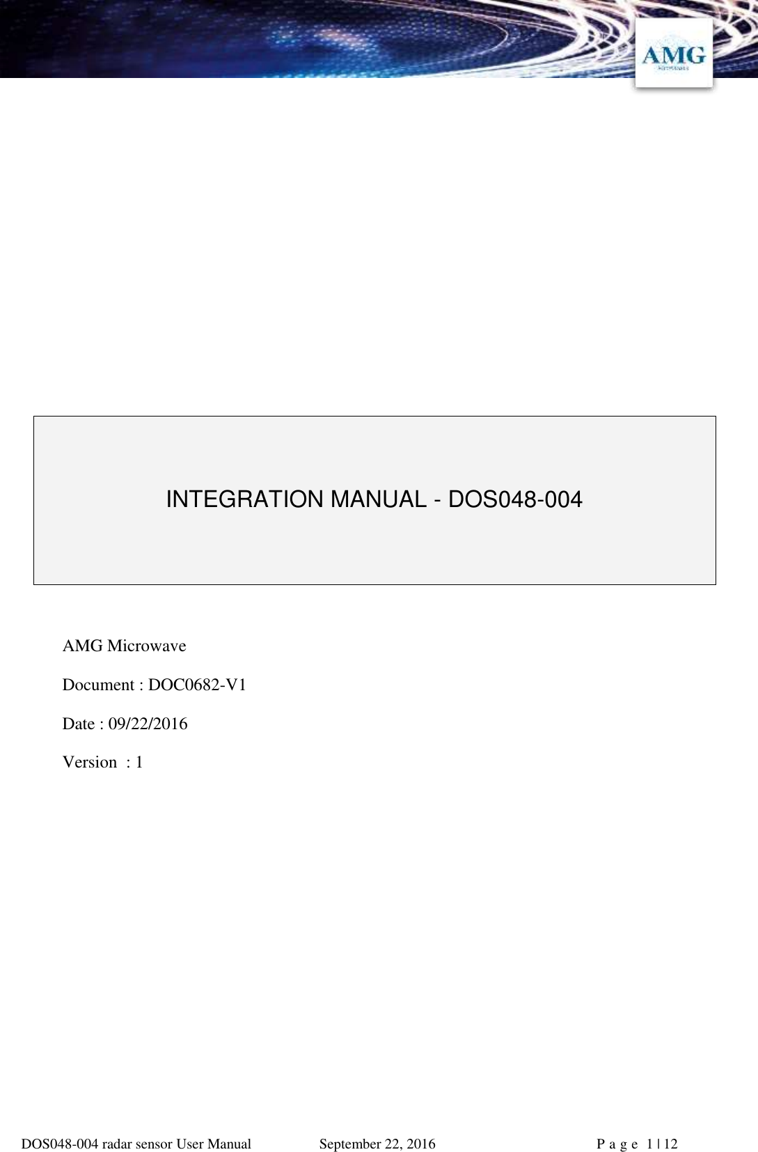 AMG Microwave DOS048004 Microwave Doppler radar sensor User Manual