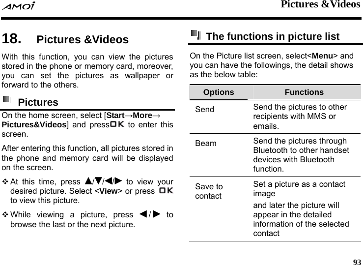  Pictures &amp;Videos     93 os 18.  Pictures &amp;VideWith this function, you can view the pictures stored in the phone or memory card, moreover, you can set the pictures as wallpaper or forward to the others.      Pictures  On the home screen, select [Start&rarr;More&rarr; Pictures&amp;Videos] and press  to enter this screen. After entering this function, all pictures stored in the phone and memory card will be displayed on the screen.  At this time, press  /// to view your desired picture. Select <View> or press   to view this picture.  While viewing a picture, press  / to browse the last or the next picture.   The functions in picture list   On the Picture list screen, select<Menu> and you can have the followings, the detail shows as the below table: Options  Functions Send  Send the pictures to other recipients with MMS or emails. Beam  Send the pictures through Bluetooth to other handset devices with Bluetooth function. Save to contact Set a picture as a contact image  and later the picture will appear in the detailed information of the selected contact 