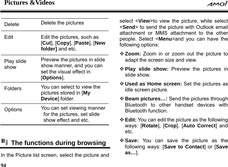 Pictures &amp;Videos    94    Delete  Delete the pictures Edit  Edit the pictures, such as [Cut], [Copy], [Paste], [New folder] and etc. Play slide show Preview the pictures in slide show manner, and you can set the visual effect in [Options]. Folders  You can select to view the pictures stored in [My Device].folder. Options  You can set viewing manner for the pictures, set slide show effect and etc.      The functions during browsing   In the Picture list screen, select the picture and select <View>to view the picture, while select <Send> to send the picture with Outlook email attachment or MMS attachment to the other people. Select <Menu>and you can have the following options:  Zoom:  Zoom in or zoom out the picture to adapt the screen size and view.  Play slide show: Preview the pictures in slide show.  Used as Home screen: Set the pictures as idle screen picture.  Beam pictures&hellip;: Send the pictures through Bluetooth to other handset devices with Bluetooth function.  Edit: You can edit the picture as the following ways: [Rotate], [Crop], [Auto Correct] and etc.  Save: You can save the picture as the following ways: [Save to Contact] or [Save as&hellip;]. 