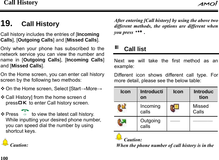 Call History    100    y   19.  Call HistorCall history includes the entries of [Incoming Calls], [Outgoing Calls] and [Missed Calls]. Only when your phone has subscribed to the network service you can view the number and name in [Outgoing Calls], [Incoming Calls] and [Missed Calls]. On the Home screen, you can enter call history screen by the following two methods:  On the Home screen, Select [Start&rarr;More&rarr;  Call History] from the home screen d press   to enter Call history screen.  Press    to view the latest call history. While inputting your desired phone number, you can speed dial the number by using shortcut keys. Caution: After entering [Call history] by using the above two different m ode s, the options are different when ou pressth. y  Call list  Next we will take the first method as an . For more detail, please see the below table: example: Different icon shows different call typeIcon  Introduction  Icon  In ctrodution  Incoming calls   Missed Calls  Outgoing calls  &mdash;&mdash; &mdash;&mdash;&mdash;&mdash; Caution:   When the phone number of call history is in the 