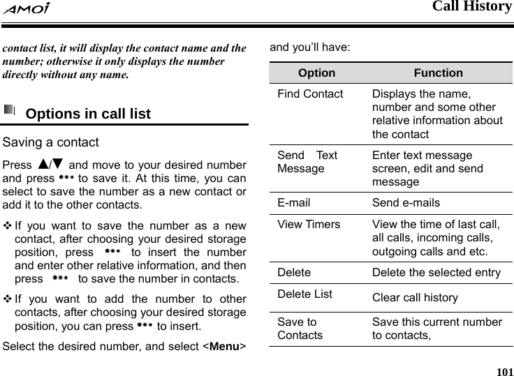  Call History     101 the isplays the number irectly without any name.  contact list, it will display the contact name and number; otherwise it only dd  Options in call list   Savin act Press g a cont/  and move to your desired number and press to save it. At this time, you can select to save the number as a new contact or osinadd it to the other contacts.  If you want to save the number as a new contact, after cho g your desired storage position, press   to insert the number and en ther relative information, and thenter o  press    to save the number in contacts.  If you want to add the number to other contacts, after choosing ur desired  yo storage position, you can press to insert. Select the desired number, and select <Menu> and y e: ou&rsquo;ll havOption  Function Find Contact mation about Displays the name, number and some other relative inforthe contact Send  Text Message  it and send Enter text message screen, edmessage E-mail Send e-mails View Timers           View the time of last call,all calls, incoming calls, outgoing calls and etc. Delete  Delete the selected entry Delete List  Clear call history   Save to Contacts ent number Save this currto contacts,   