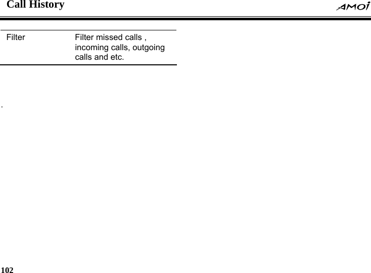 Call History    102    Filter  alls , incoming calls, outgoing calls and etc. Filter missed c  .