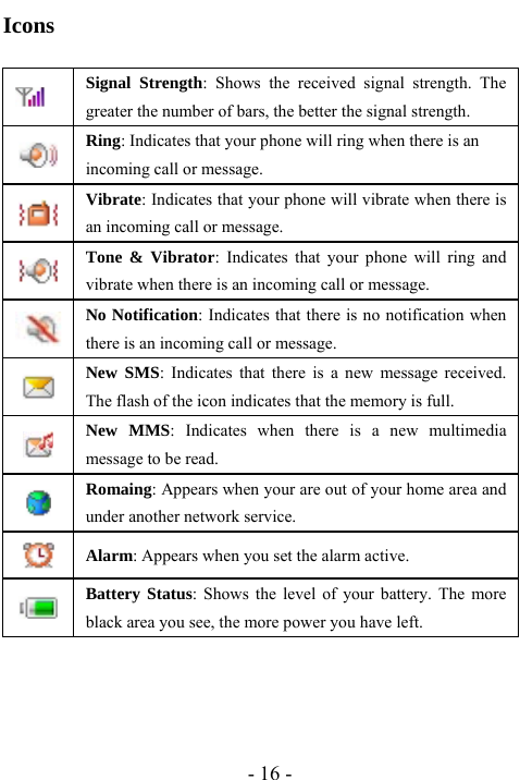  - 16 - Icons   Signal Strength: Shows the received signal strength. The greater the number of bars, the better the signal strength.  Ring: Indicates that your phone will ring when there is an incoming call or message.    Vibrate: Indicates that your phone will vibrate when there is an incoming call or message.    Tone &amp; Vibrator: Indicates that your phone will ring and vibrate when there is an incoming call or message.    No Notification: Indicates that there is no notification when there is an incoming call or message.    New SMS: Indicates that there is a new message received. The flash of the icon indicates that the memory is full.    New MMS: Indicates when there is a new multimedia message to be read.    Romaing: Appears when your are out of your home area and under another network service.    Alarm: Appears when you set the alarm active.  Battery Status: Shows the level of your battery. The more black area you see, the more power you have left.   