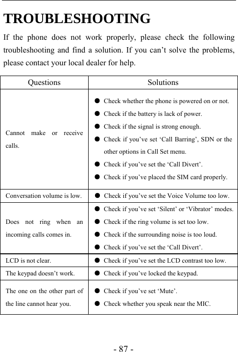 - 87 - TROUBLESHOOTING If the phone does not work properly, please check the following troubleshooting and find a solution. If you can&rsquo;t solve the problems, please contact your local dealer for help.   Questions Solutions Cannot make or receive calls. ●  Check whether the phone is powered on or not. ●  Check if the battery is lack of power. ●  Check if the signal is strong enough. ●  Check if you&rsquo;ve set &lsquo;Call Barring&rsquo;, SDN or the other options in Call Set menu. ●  Check if you&rsquo;ve set the &lsquo;Call Divert&rsquo;. ●  Check if you&rsquo;ve placed the SIM card properly. Conversation volume is low. ●  Check if you&rsquo;ve set the Voice Volume too low. Does not ring when an incoming calls comes in. ●  Check if you&rsquo;ve set &lsquo;Silent&rsquo; or &lsquo;Vibrator&rsquo; modes.●  Check if the ring volume is set too low. ●  Check if the surrounding noise is too loud. ●  Check if you&rsquo;ve set the &lsquo;Call Divert&rsquo;. LCD is not clear.  ●  Check if you&rsquo;ve set the LCD contrast too low. The keypad doesn&rsquo;t work.  ●  Check if you&rsquo;ve locked the keypad. The one on the other part of the line cannot hear you. ●  Check if you&rsquo;ve set &lsquo;Mute&rsquo;. ●  Check whether you speak near the MIC.   