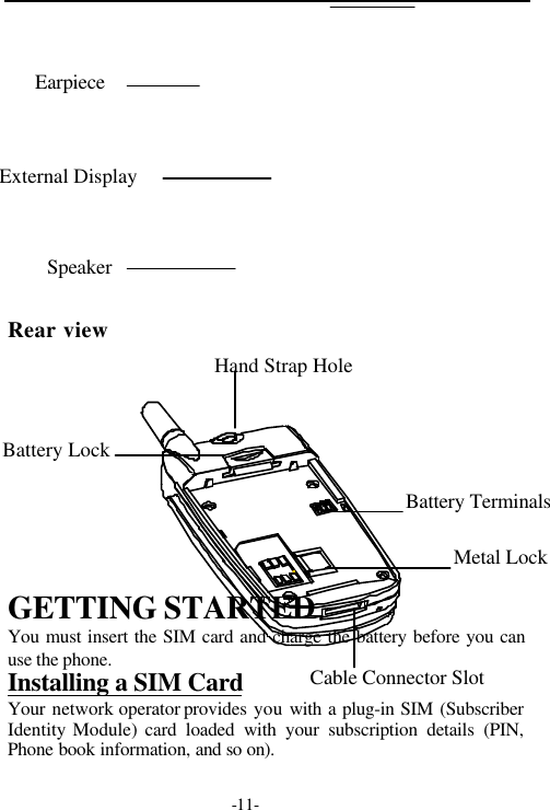 -11-Rear viewGETTING STARTEDYou must insert the SIM card and charge the battery before you canuse the phone.Installing a SIM CardYour network operator provides you  with a plug-in SIM (SubscriberIdentity Module) card loaded with your subscription details (PIN,Phone book information, and so on).EarpieceExternal DisplaySpeakerHand Strap HoleCable Connector SlotBattery LockBattery TerminalsMetal Lock