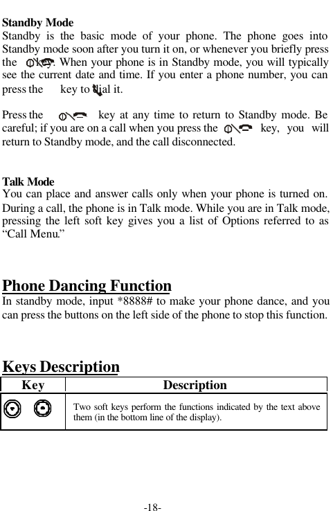 -18-Standby ModeStandby is the basic mode of your phone. The phone goes intoStandby mode soon after you turn it on, or whenever you briefly pressthe     key. When your phone is in Standby mode, you will typicallysee the current date and time. If you enter a phone number, you canpress the      key to dial it.Press the  key at any time to return to Standby mode. Becareful; if you are on a call when you press the    key, you willreturn to Standby mode, and the call disconnected.Talk ModeYou can place and answer calls only when your phone is turned on.During a call, the phone is in Talk mode. While you are in Talk mode,pressing the left soft key gives you a list of Options referred to as&ldquo;Call Menu.&rdquo;Phone Dancing FunctionIn standby mode, input *8888# to make your phone dance, and youcan press the buttons on the left side of the phone to stop this function.Keys DescriptionKey DescriptionTwo soft keys perform the functions indicated by the text abovethem (in the bottom line of the display).