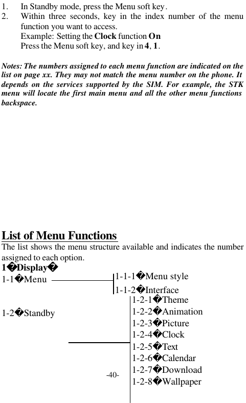 -40-1. In Standby mode, press the Menu soft key.2. Within three seconds, key in the index number of the menufunction you want to access.Example: Setting the Clock function OnPress the Menu soft key, and key in 4, 1.Notes: The numbers assigned to each menu function are indicated on thelist on page xx. They may not match the menu number on the phone. Itdepends on the services supported by the SIM. For example, the STKmenu will locate the first main menu and all the other menu functionsbackspace.List of Menu FunctionsThe list shows the menu structure available and indicates the numberassigned to each option.1Display1-1Menu1-2Standby1-2-1Theme1-2-2Animation1-2-3Picture1-2-4Clock1-2-5Text1-2-6Calendar1-2-7Download1-2-8Wallpaper1-1-1Menu style1-1-2Interface