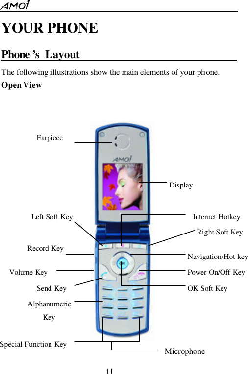  11  YOUR PHONE Phone &rsquo;s Layout                                The following illustrations show the main elements of your phone.   Open View     Earpiece Display Record Key Left Soft Key Volume Key Send Key Alphanumeric Key Special Function Key Right Soft Key Navigation/Hot key OK Soft Key Power On/Off Key Internet Hotkey Microphone 