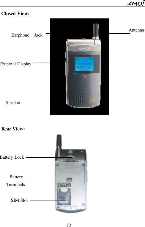        12                          Closed View:   Rear View:   Earphone Jack External Display Speaker Antenna Battery Lock Battery   Terminals SIM Slot 