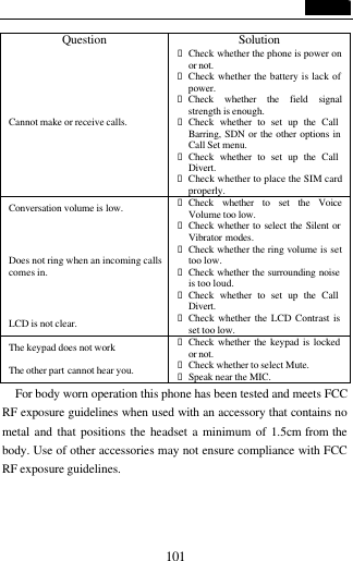                                   101 For body worn operation this phone has been tested and meets FCC RF exposure guidelines when used with an accessory that contains no metal and that positions the headset a minimum of 1.5cm from the body. Use of other accessories may not ensure compliance with FCC RF exposure guidelines.  Question Solution Cannot make or receive calls. &bull; Check whether the phone is power on or not. &bull; Check whether the battery is lack of power. &bull; Check whether the field signal strength is enough. &bull; Check whether to set up the Call Barring, SDN or the other options in Call Set menu. &bull; Check whether to set up the Call Divert. &bull; Check whether to place the SIM card properly. Conversation volume is low. &bull; Check whether to set the Voice Volume too low. Does not ring when an incoming calls comes in. &bull; Check whether to select the Silent or Vibrator modes. &bull; Check whether the ring volume is set too low. &bull; Check whether the surrounding noise is too loud. &bull; Check whether to set up the Call Divert. LCD is not clear. &bull; Check whether the LCD Contrast is set too low. The keypad does not work &bull; Check whether the keypad is locked or not. The other part cannot hear you. &bull; Check whether to select Mute. &bull; Speak near the MIC.  