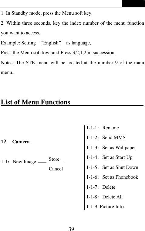  39  1. In Standby mode, press the Menu soft key. 2. Within three seconds, key the index number of the menu function you want to access. Example: Setting  &ldquo;English&ldquo; as language, Press the Menu soft key, and Press 3,2,1,2 in succession.   Notes:  The STK menu will be located at the number 9 of the main menu.   List of Menu Functions                                            1? Camera  1-1:New Image      Store Cancel 1-1-1:Rename 1-1-2:Send MMS 1-1-3:Set as Wallpaper 1-1-4:Set as Start Up 1-1-5:Set as Shut Down   1-1-6:Set as Phonebook 1-1-7:Delete 1-1-8:Delete All 1-1-9: Picture Info. 