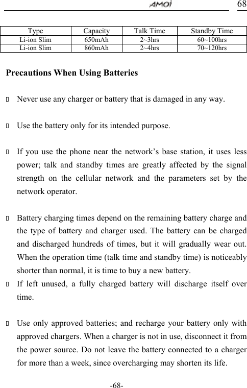                                     -68- 68 Precautions When Using Batteries   Never use any charger or battery that is damaged in any way.   Use the battery only for its intended purpose.   If you use the phone near the network&rsquo;s base station, it uses less power; talk and standby times are greatly affected by the signal strength on the cellular network and the parameters set by the network operator.   Battery charging times depend on the remaining battery charge and the type of battery and charger used. The battery can be charged and discharged hundreds of times, but it will gradually wear out. When the operation time (talk time and standby time) is noticeably shorter than normal, it is time to buy a new battery.    If left unused, a fully charged battery will discharge itself over time.   Use only approved batteries; and recharge your battery only with approved chargers. When a charger is not in use, disconnect it from the power source. Do not leave the battery connected to a charger for more than a week, since overcharging may shorten its life. Type  Capacity  Talk Time  Standby Time Li-ion Slim  650mAh  2~3hrs  60~100hrs Li-ion Slim  860mAh  2~4hrs  70~120hrs 