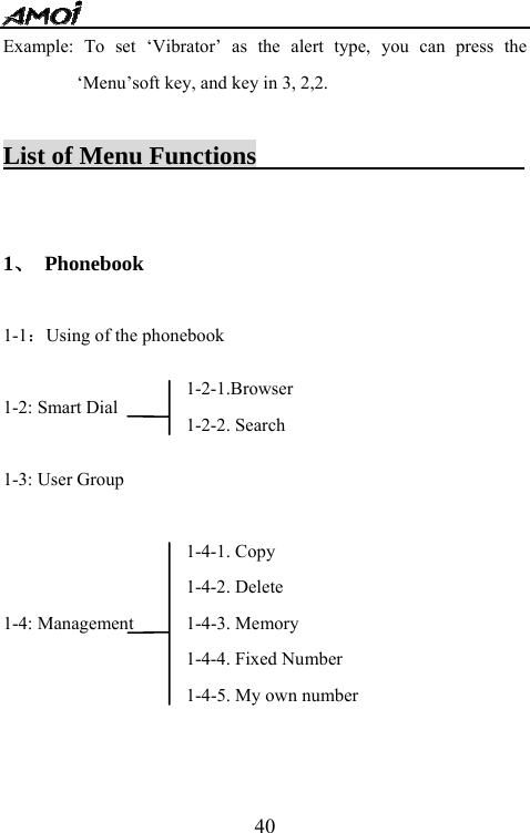   40Example: To set &lsquo;Vibrator&rsquo; as the alert type, you can press the &lsquo;Menu&rsquo;soft key, and key in 3, 2,2.  List of Menu Functions                                1、 Phonebook  1-1：Using of the phonebook  1-2: Smart Dial    1-3: User Group    1-4: Management     1-2-1.Browser 1-2-2. Search   1-4-1. Copy 1-4-2. Delete 1-4-3. Memory 1-4-4. Fixed Number 1-4-5. My own number