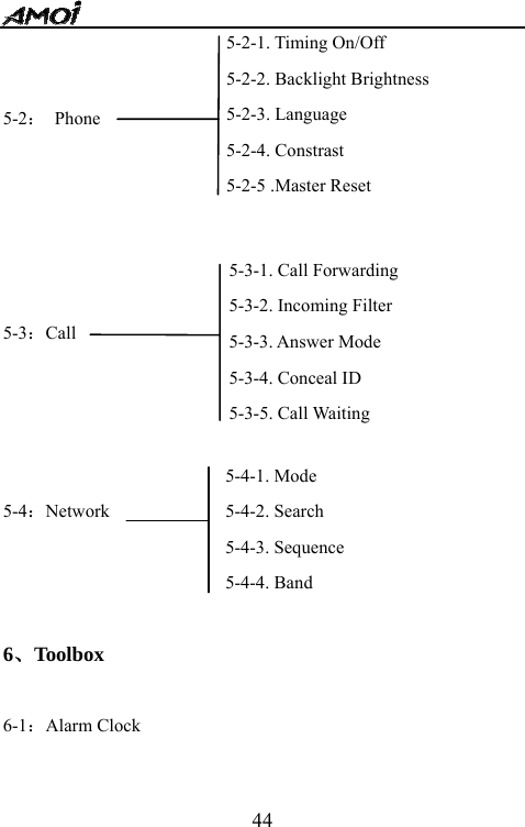  44  5-2： Phone      5-3：Call     5-4：Network       6、Toolbox  6-1：Alarm Clock  5-2-1. Timing On/Off 5-2-2. Backlight Brightness 5-2-3. Language 5-2-4. Constrast 5-2-5 .Master Reset  5-3-1. Call Forwarding 5-3-2. Incoming Filter 5-3-3. Answer Mode 5-3-4. Conceal ID 5-3-5. Call Waiting 5-4-1. Mode   5-4-2. Search 5-4-3. Sequence 5-4-4. Band 