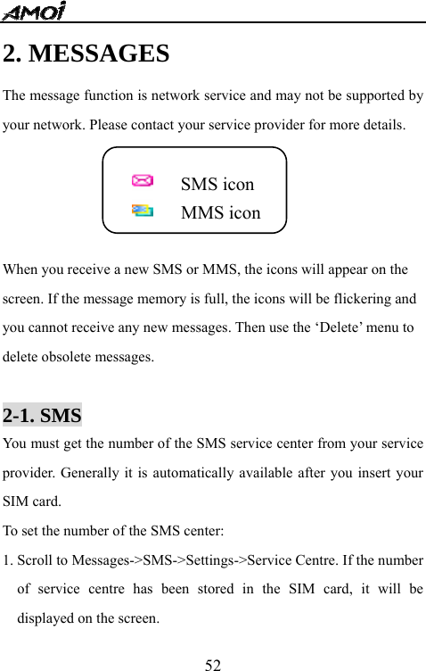   522. MESSAGES The message function is network service and may not be supported by your network. Please contact your service provider for more details.                    SMS icon    MMS icon  When you receive a new SMS or MMS, the icons will appear on the   screen. If the message memory is full, the icons will be flickering and   you cannot receive any new messages. Then use the &lsquo;Delete&rsquo; menu to   delete obsolete messages.   2-1. SMS You must get the number of the SMS service center from your service provider. Generally it is automatically available after you insert your SIM card. To set the number of the SMS center: 1. Scroll to Messages->SMS->Settings->Service Centre. If the number of service centre has been stored in the SIM card, it will be displayed on the screen. 