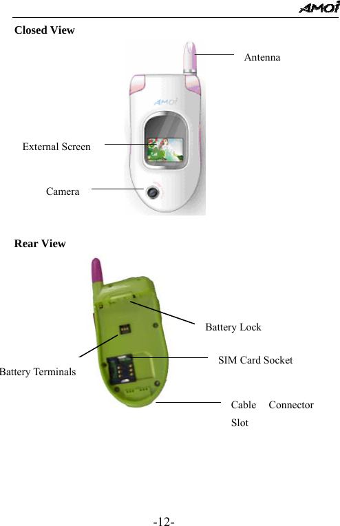                                                 -12- Closed View   Rear View        Battery Lock Battery Terminals SIM Card Socket Cable Connector Slot Antenna External Screen Camera 