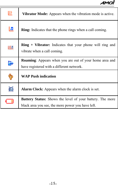                                                 -15-  Vibrator Mode: Appears when the vibration mode is active. Ring: Indicates that the phone rings when a call coming.  Ring + Vibrator: Indicates that your phone will ring and vibrate when a call coming.  Roaming: Appears when you are out of your home area and have registered with a different network.  WAP Push indication  Alarm Clock: Appears when the alarm clock is set.  Battery Status: Shows the level of your battery. The more black area you see, the more power you have left.      