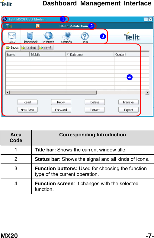  Dashboard Management Interface MX20 -7-   Area Code  Corresponding Introduction 1  Title bar: Shows the current window title. 2  Status bar: Shows the signal and all kinds of icons. 3  Function buttons: Used for choosing the function type of the current operation. 4  Function screen: It changes with the selected function.  