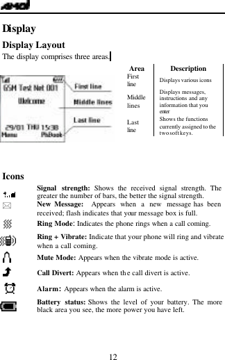   12 Di splay                                   Display Layout The display comprises three areas.  Area Description First line  Displays various icons Middle lines Displays messages, instructions and any information that you enter  Last line  Shows the functions currently assigned to the two soft keys.    Icons  Signal strength: Shows the received signal strength. The greater the number of bars, the better the signal strength. * New Message:  Appears when a new message has been received; flash indicates that your message box is full.  Ring Mode: Indicates the phone rings when a call coming.  Ring + Vibrate: Indicate that your phone will ring and vibrate when a call coming.  Mute Mode: Appears when the vibrate mode is active.  Call Divert: Appears when the call divert is active.  Alarm:Appears when the alarm is active.    Battery status: Shows the level of your battery. The more black area you see, the more power you have left.   