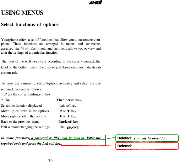   39 USING MENUS  Select functions of options                       Your phone offers a set of functions that allow you to customize your phone. These functions are arranged in menus and sub-menus, accessed via   . Each menu and sub-menu allows you to view and alter the settings of a particular function.    The roles of the so ft keys vary according to the current context; the label on the bottom line of the display just above each key indicates its current role.  To view the various functions/options available and select the one required, proceed as follows. 1. Press the corresponding soft key. 2. To...                            Then press the...         Select the function displayed            Left soft key    Move up or down in the options        &bull; or  &sbquo; key.  Move right or left in the options        &bdquo; or  &fnof; key. Back to the previous menu             Back soft key. Exit without changing the settings       the      key    In some functions, a password or PIN may be need ed. Enter the required code and press the Left soft key.  Deleted:   you may be asked forDeleted:  .