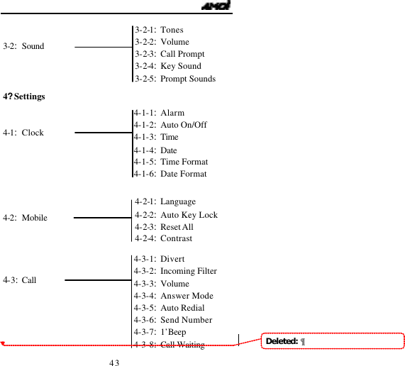                                   43   3-2:Sound    4?Settings   4-1:Clock       4-2:Mobile      4-3:Call       3-2-1:Tones 3-2-2:Volume 3-2-3:Call Prompt 3-2-4:Key Sound 3-2-5:Prompt Sounds  4-1-1:Alarm 4-1-2:Auto On/Off 4-1-3:Time 4-1-4:Date 4-1-5:Time Format 4-1-6:Date Format 4-2-1:Language 4-2-2:Auto Key Lock 4-2-3:Reset All 4-2-4:Contrast 4-3-1:Divert 4-3-2:Incoming Filter 4-3-3:Volume 4-3-4:Answer Mode 4-3-5:Auto Redial 4-3-6:Send Number 4-3-7:1&rsquo;Beep 4-3-8:Call Waiting Deleted:  &para;