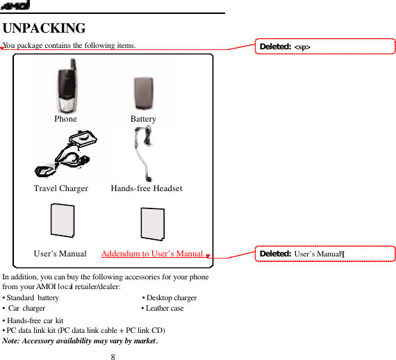   8 UNPACKING   Yo u package contains the following items.                    In addition, you can buy the following accessories for your phone from your AMOI local retailer/dealer: &bull;  Standard battery                        &bull;  Desktop charger &bull; Car charger                             &bull; Leather case &bull; Hands-free car kit &bull; PC data link kit (PC data link cable + PC link CD) Note: Accessory availability may vary by market. Travel Charger  Phone Battery Hands-free Headset User&rsquo;s Manual  Addendum to User&rsquo;s Manual    Deleted:  <sp>Deleted:  User&rsquo;s Manual&para;