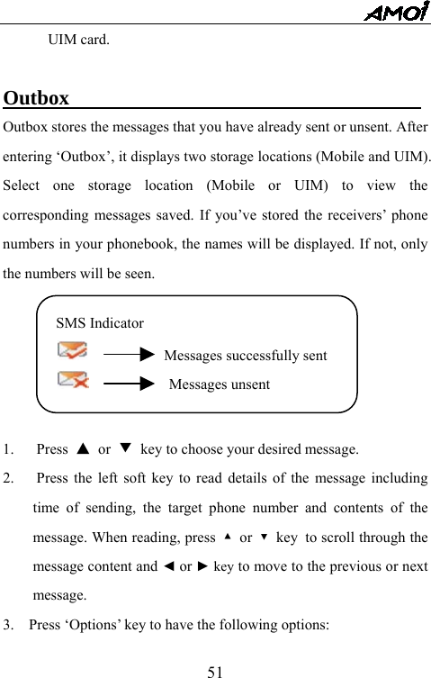   51UIM card.  Outbox                                   Outbox stores the messages that you have already sent or unsent. After entering &lsquo;Outbox&rsquo;, it displays two storage locations (Mobile and UIM). Select one storage location (Mobile or UIM) to view the corresponding messages saved. If you&rsquo;ve stored the receivers&rsquo; phone numbers in your phonebook, the names will be displayed. If not, only the numbers will be seen.        1. Press ▲ or ▼ key to choose your desired message. 2.      Press the left soft key to read details of the message including time of sending, the target phone number and contents of the message. When reading, press  ▲ or ▼ key to scroll through the message content and ◄ or ► key to move to the previous or next message. 3.    Press &lsquo;Options&rsquo; key to have the following options: SMS Indicator           Messages successfully sent         Messages unsent 