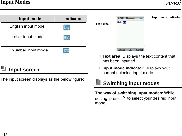 Input Modes  18    Input mode  Indicator  English input mode  Letter input mode   Number input mode     Input screen  The input screen displays as the below figure:     Text area: Displays the text content that has been inputted.  Input mode indicator: Displays your current selected input mode.   Switching input modes   The way of switching input modes: While editing, press    to select your desired input mode.