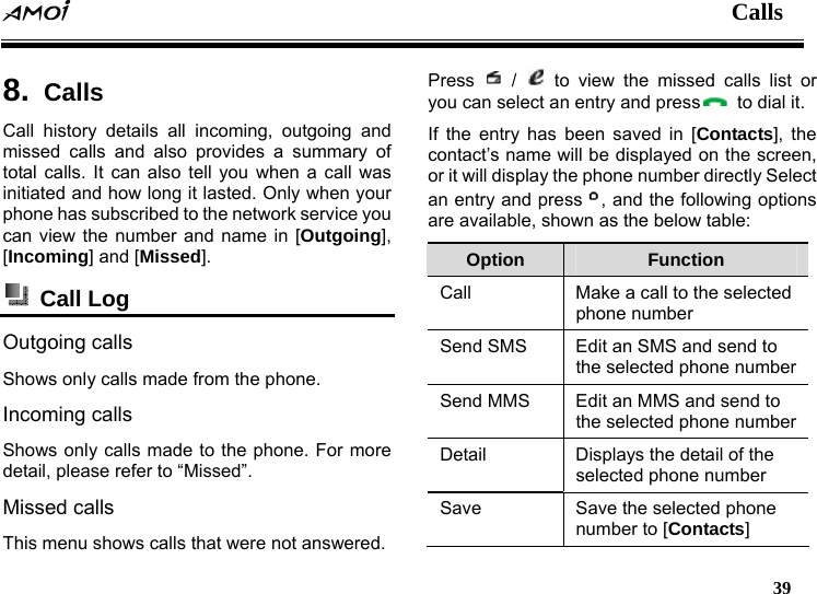  Calls   39  8.  Calls Call history details all incoming, outgoing and missed calls and also provides a summary of total calls. It can also tell you when a call was initiated and how long it lasted. Only when your phone has subscribed to the network service you can view the number and name in [Outgoing], [Incoming] and [Missed].   Call Log  Outgoing calls Shows only calls made from the phone. Incoming calls Shows only calls made to the phone. For more detail, please refer to &ldquo;Missed&rdquo;. Missed calls This menu shows calls that were not answered. Press   /   to view the missed calls list or you can select an entry and press   to dial it. If the entry has been saved in [Contacts], the contact&rsquo;s name will be displayed on the screen, or it will display the phone number directly Select an entry and press , and the following options are available, shown as the below table: Option  Function Call  Make a call to the selected phone number Send SMS  Edit an SMS and send to the selected phone number Send MMS  Edit an MMS and send to the selected phone number Detail  Displays the detail of the selected phone number Save  Save the selected phone number to [Contacts] 