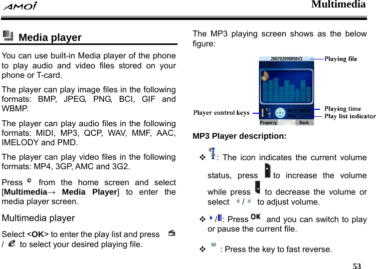  Multimedia   53   Media player  You can use built-in Media player of the phone to play audio and video files stored on your phone or T-card. The player can play image files in the following formats: BMP, JPEG, PNG, BCI, GIF and WBMP. The player can play audio files in the following formats: MIDI, MP3, QCP, WAV, MMF, AAC, IMELODY and PMD. The player can play video files in the following formats: MP4, 3GP, AMC and 3G2. Press  from the home screen and select [Multimedia&rarr; Media Player] to enter the media player screen. Multimedia player Select <OK> to enter the play list and press     /    to select your desired playing file. The MP3 playing screen shows as the below figure:   MP3 Player description:  : The icon indicates the current volume status, press to increase the volume while press   to decrease the volume or select  /  to adjust volume.  /: Press  and you can switch to play or pause the current file.  : Press the key to fast reverse. 